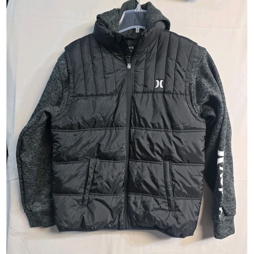Hurley Jacket Boy's XL YouthPuffer Vest Hybrid Fleece Sleeve Hoodie Black